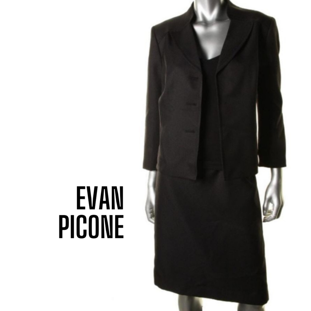 Evan Picone NEW Solid Black 3/4 Sleeves Knee-Length Skirt Suit, 10